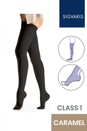 Sigvaris Essential Comfortable Unisex Class 1 Thigh High Caramel Compression Stockings with Open Toe